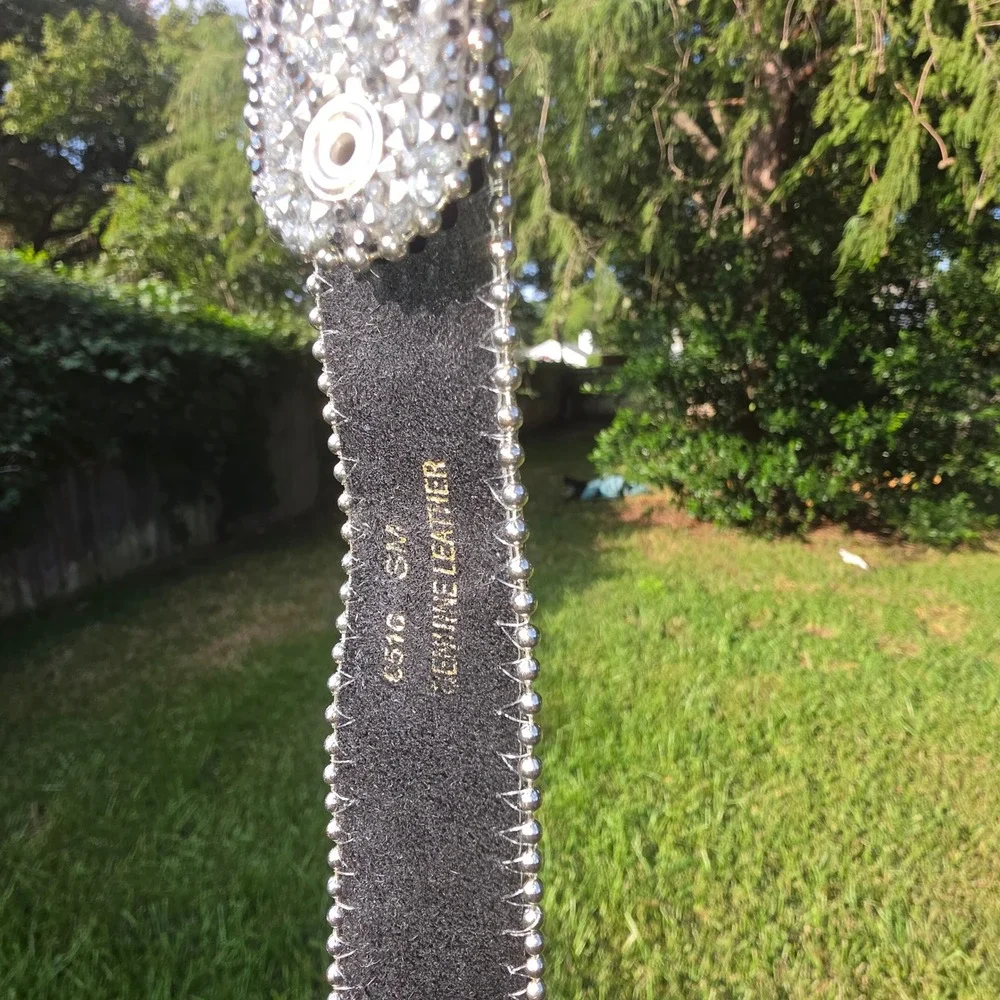 Western Rhinestone Crystal Belt Genuine Leather Silver Buckle Y2K Cowgirl S/M